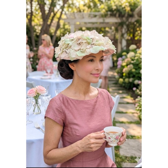 Accessories - Vintage 1950s Floral Blossom Pillbox Hat – Pastel Pink & Mint Silk Petals –